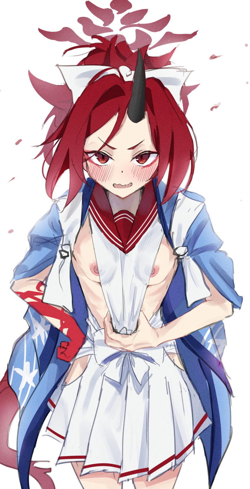 1girl absurdres between_breasts black_horns blue_archive blush breasts clothes_between_breasts dragon_tail halo hand_on_own_hip haori highres horns japanese_clothes looking_at_viewer nipples open_mouth red_eyes red_hair red_sailor_collar red_tail renge_(blue_archive) sailor_collar shirt single_horn skirt small_breasts solo spacetazune tail upper_body v-shaped_eyebrows wavy_mouth white_background white_shirt white_skirt