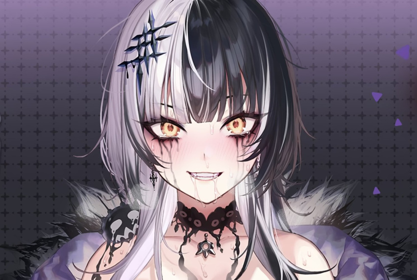 1girl bare_shoulders black_choker black_eyeshadow black_hair blush choker close-up coat collarbone eyeshadow fur-trimmed_coat fur_trim hair_ornament long_hair makeup multicolored_hair phase_connect runny_makeup saliva shiori_novella shiori_novella_(1st_costume) silva_arts split-color_hair streaked_hair tears virtual_youtuber white_hair yellow_eyes yorick_(shiori_novella)