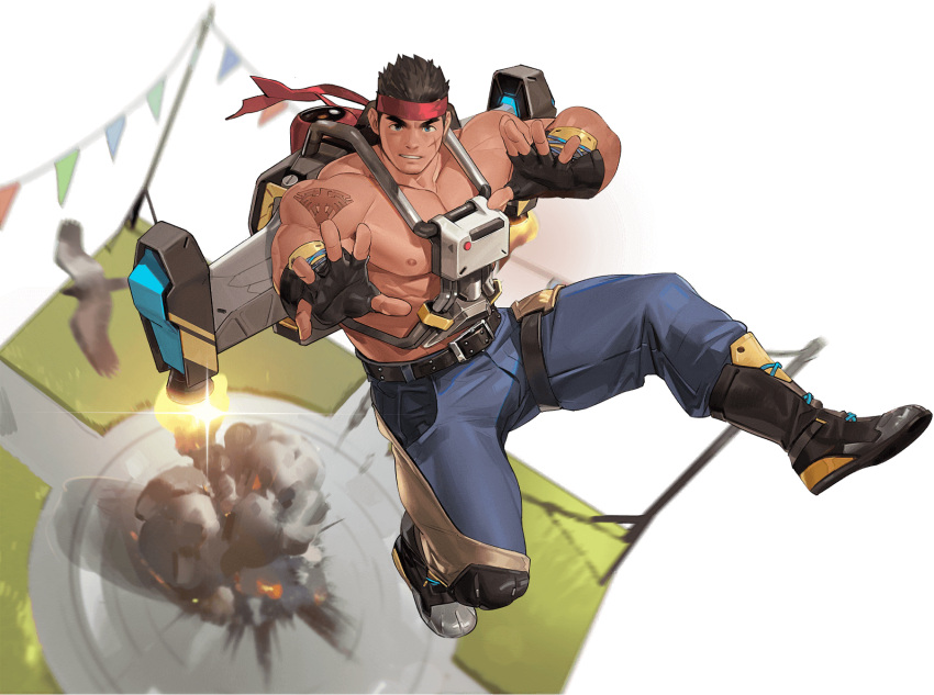 1boy bara blue_eyes boots brown_hair eddie_(gyee) fingerless_gloves flying gloves gyee headband highres jetpack looking_at_viewer male_focus manly mature_male nipples non-web_source official_art pants pectorals platform scar short_hair smirk solo spiked_hair thick_arms thick_eyebrows thick_thighs thighs tooboshoo topless_male