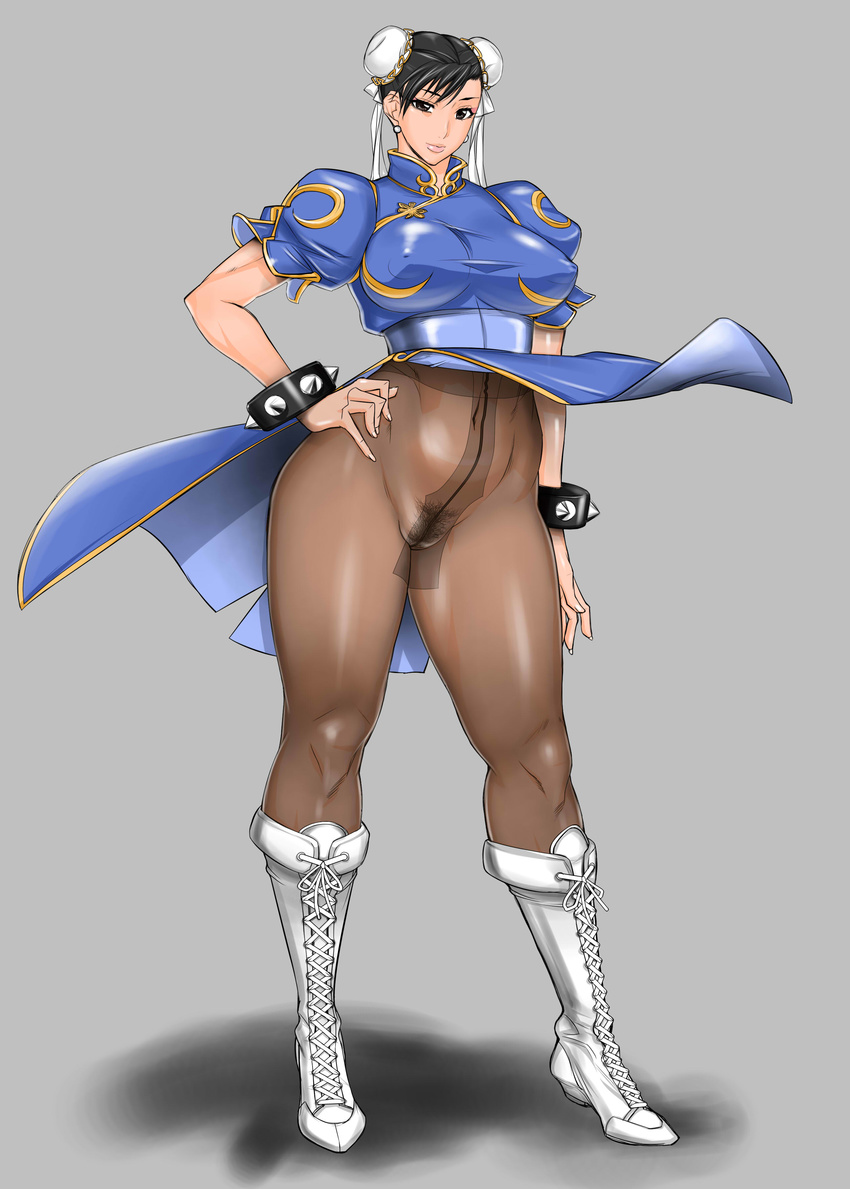 absurdres boots breasts brown_hair brown_legwear bun_cover china_dress chinese_clothes chun-li covered_nipples crotch_seam double_bun dress highres large_breasts midou_tsukasa no_panties pantyhose pelvic_curtain pubic_hair sash solo standing street_fighter thick_thighs thighs