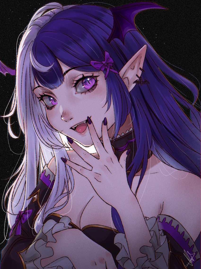 1girl bare_shoulders bat_earrings bat_wings black_background black_choker bow breasts choker cleavage earrings hair_bow head_wings highres jewelry large_breasts levi_art long_hair looking_at_viewer multicolored_hair open_mouth original pointy_ears portrait purple_bow purple_eyes purple_hair purple_nails signature simple_background slit_pupils solo teeth two-tone_hair upper_teeth_only white_hair wings