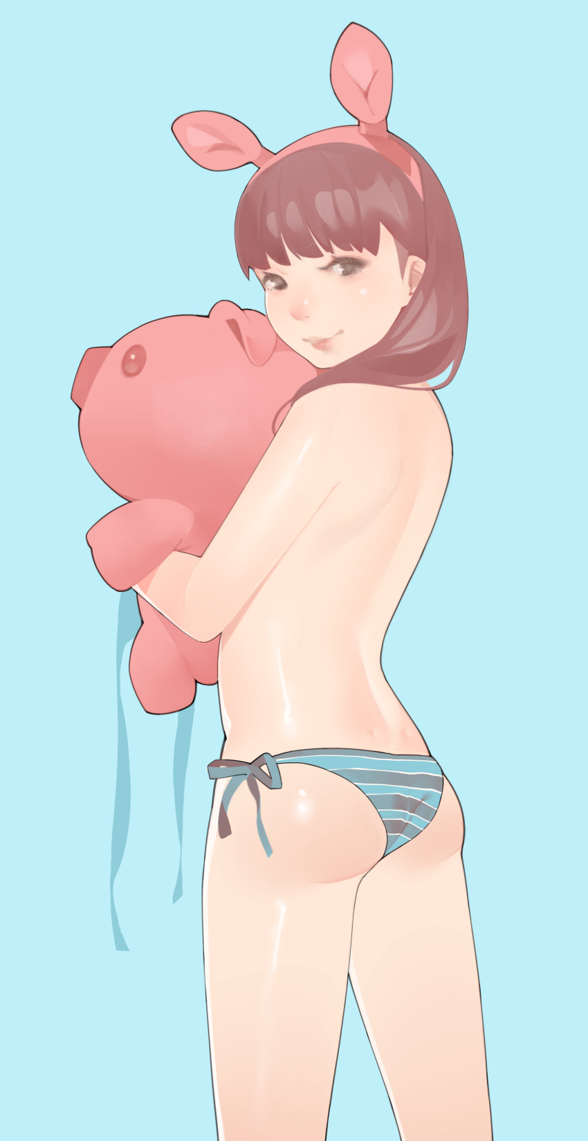 1girl absurdres ass back bikini blue_background brown_hair closed_mouth commentary dimples_of_venus eyelashes feet_out_of_frame goophilia grey_eyes hairband highres holding holding_stuffed_toy long_hair looking_back original pink_hairband side-tie_bikini_bottom simple_background smile solo stuffed_animal stuffed_pig stuffed_toy swimsuit topless