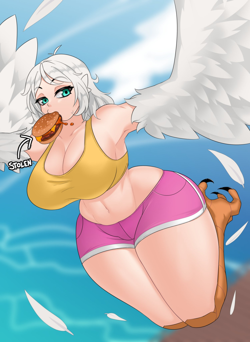 animal_humanoid avian avian_humanoid big_breasts blue_eyes bottomwear breasts burger cleavage clothed clothing directional_arrow european_mythology feathered_wings feathers female flying food food_in_mouth greek_mythology hair harpy hi_res huge_breasts huge_thighs humanoid kt80 looking_at_viewer midriff mythological_avian mythology navel shorts side_boob solo text thick_thighs topwear water white_hair wide_hips wings