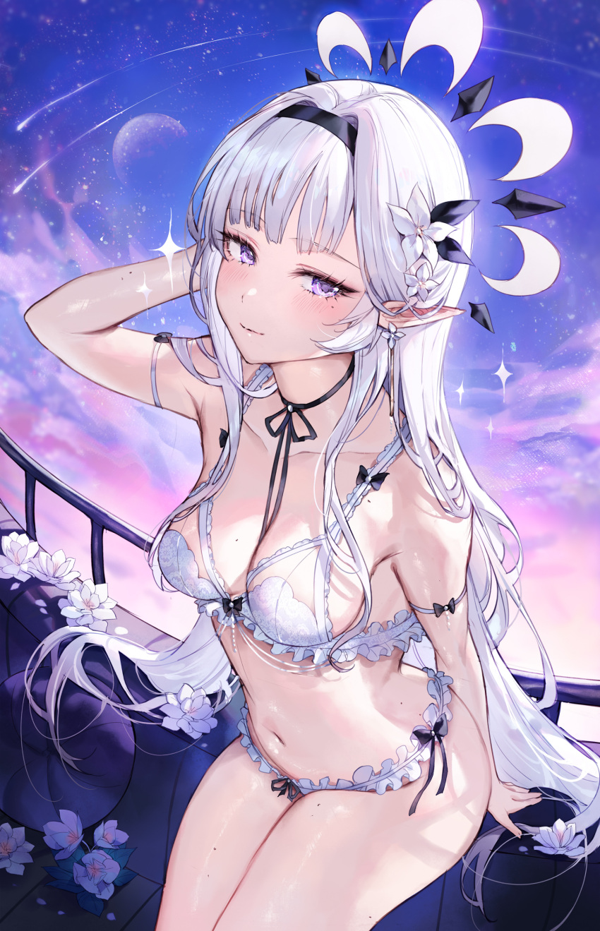 1girl absurdres arm_strap bare_shoulders bikini black_hairband blue_archive blush breasts collarbone commentary_request flower hair_ornament hairband halo highres himari_(blue_archive) long_hair looking_at_viewer medium_breasts mole mole_under_eye navel outdoors paid_reward_available pointy_ears purple_eyes qiandaiyiyu smile solo swimsuit thighs white_bikini white_hair
