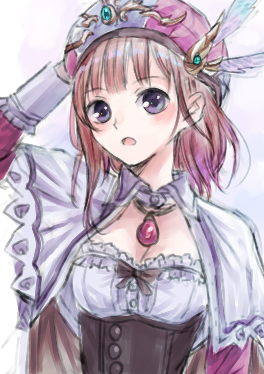 1girl absurdres atelier_(series) atelier_rorona bad_id bad_twitter_id blue_eyes breasts brown_hair cleavage hat highres hondahiro long_hair looking_at_viewer open_mouth rororina_fryxell simple_background solo white_background