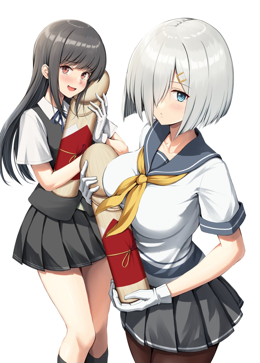 2girls black_hair black_socks blue_eyes blue_ribbon breasts gloves grey_skirt hair_ornament hair_over_one_eye hairclip hamakaze_(kancolle) hayashio_(kancolle) highres holding ichikawa_feesu kantai_collection large_breasts light_blush long_hair looking_at_viewer miniskirt multiple_girls neck_ribbon neckerchief pantyhose phallic_symbol pleated_skirt ribbon sailor_collar shirt short_hair short_sleeves simple_background skirt socks thighs vest white_background white_gloves white_shirt yellow_neckerchief