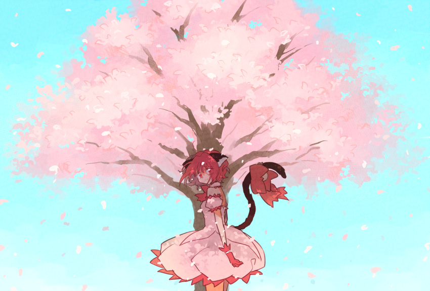 1girl animal_ears cat_ears cat_girl cat_tail cherry_blossoms commentary_request day gloves highres hs1122 looking_at_viewer magical_girl mew_ichigo momomiya_ichigo pink_eyes pink_hair short_hair solo tail tokyo_mew_mew