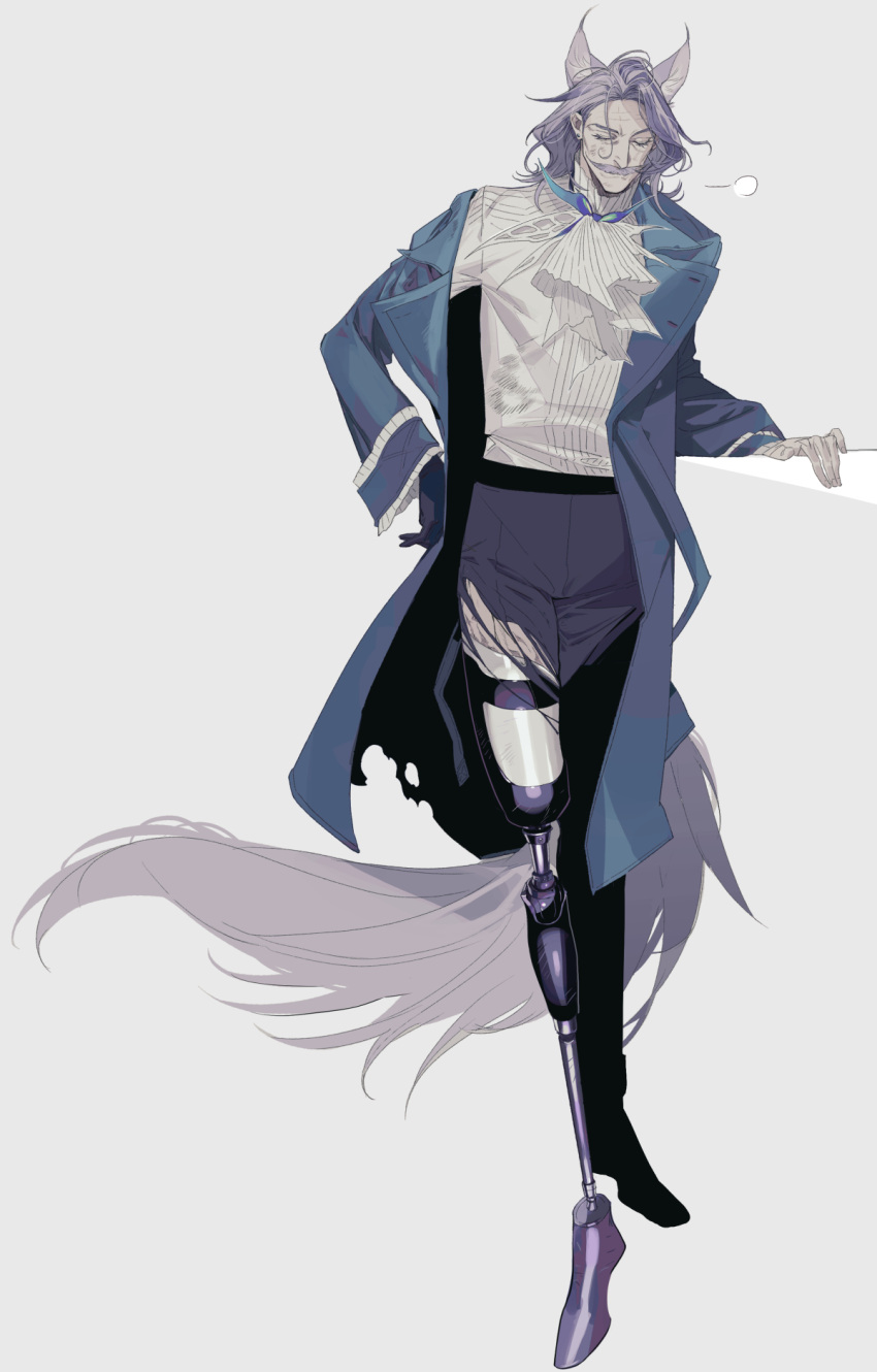 1boy animal_ears arknights ascot black_gloves blue_coat blue_pants cat_boy cat_ears cat_tail chinese_commentary closed_eyes coat commentary_request facial_hair full_body gloves grey_background grey_hair harold_(arknights) highres kaifei_(kaifei_29) long_sleeves male_focus mustache old old_man pants prosthesis prosthetic_leg shirt simple_background single_glove solo tail torn_clothes torn_coat torn_pants white_ascot white_shirt wrinkled_skin