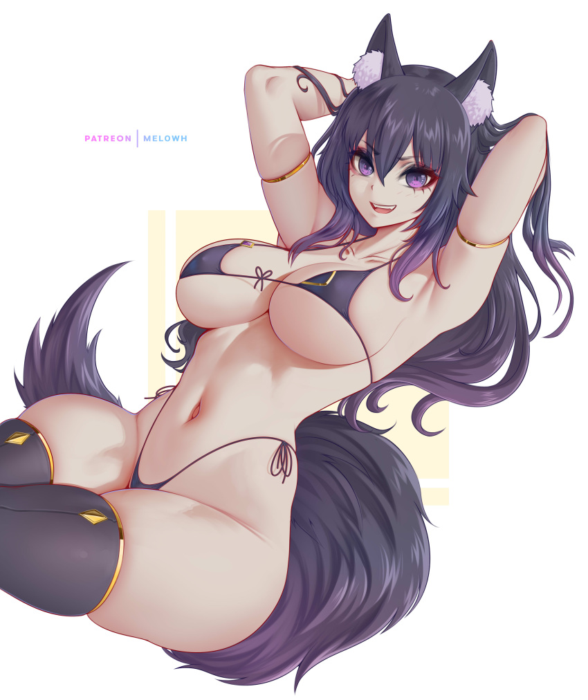 1girl absurdres animal_ear_fluff animal_ears armpits artist_name bikini black_hair breasts collarbone delta_(kage_no_jitsuryokusha_ni_naritakute!) hair_between_eyes highleg highleg_bikini highres kage_no_jitsuryokusha_ni_naritakute! large_breasts long_hair looking_at_viewer melowh navel open_mouth patreon_username purple_eyes simple_background smile solo swimsuit tail thighhighs thighs thong white_background wolf_ears wolf_girl wolf_tail