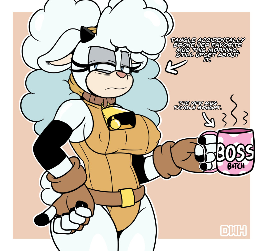 annoyed_expression anthro belt beverage big_breasts blue_eyes bovid breasts caprine clothing coffee coffee_mug cowbell darkwolfhybrid dialogue elbow_pads female fingerless_gloves fur gloves hand_on_hip handwear hi_res horn idw_publishing lanolin_the_sheep_(sonic) leotard long_ears mammal nipples_visible_through_clothing sega sheep solo sonic_the_hedgehog_(comics) sonic_the_hedgehog_(idw) sonic_the_hedgehog_(series) white_body white_fur white_wool wool_(fur)