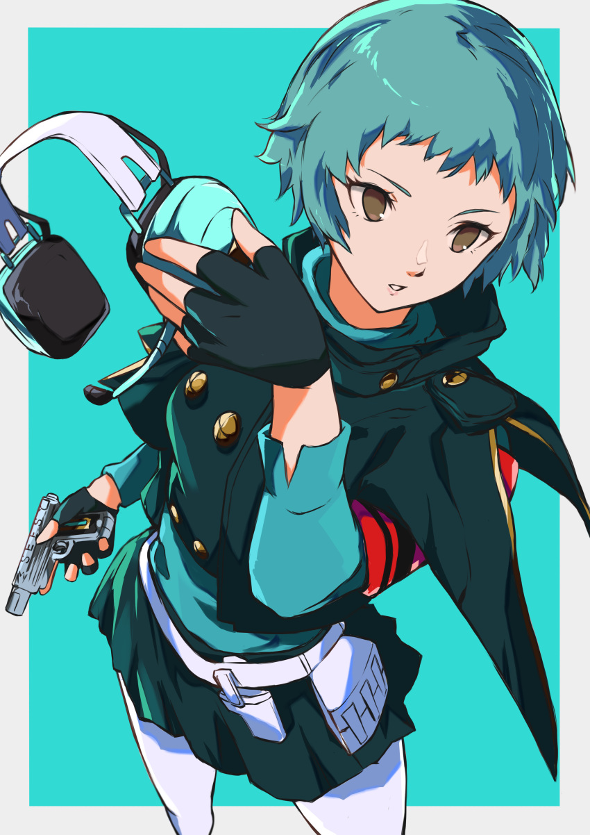 1girl absurdres aqua_background aqua_hair armband belt black_gloves black_jacket border brown_eyes commentary_request evoker fingerless_gloves gekkoukan_high_school_uniform gloves gun headphones highres holding holding_gun holding_headphones holding_weapon jacket long_sleeves official_alternate_costume outside_border pantyhose parted_lips pekeponn persona persona_3 persona_3_reload red_armband school_uniform simple_background solo weapon white_belt white_border white_pantyhose yamagishi_fuuka