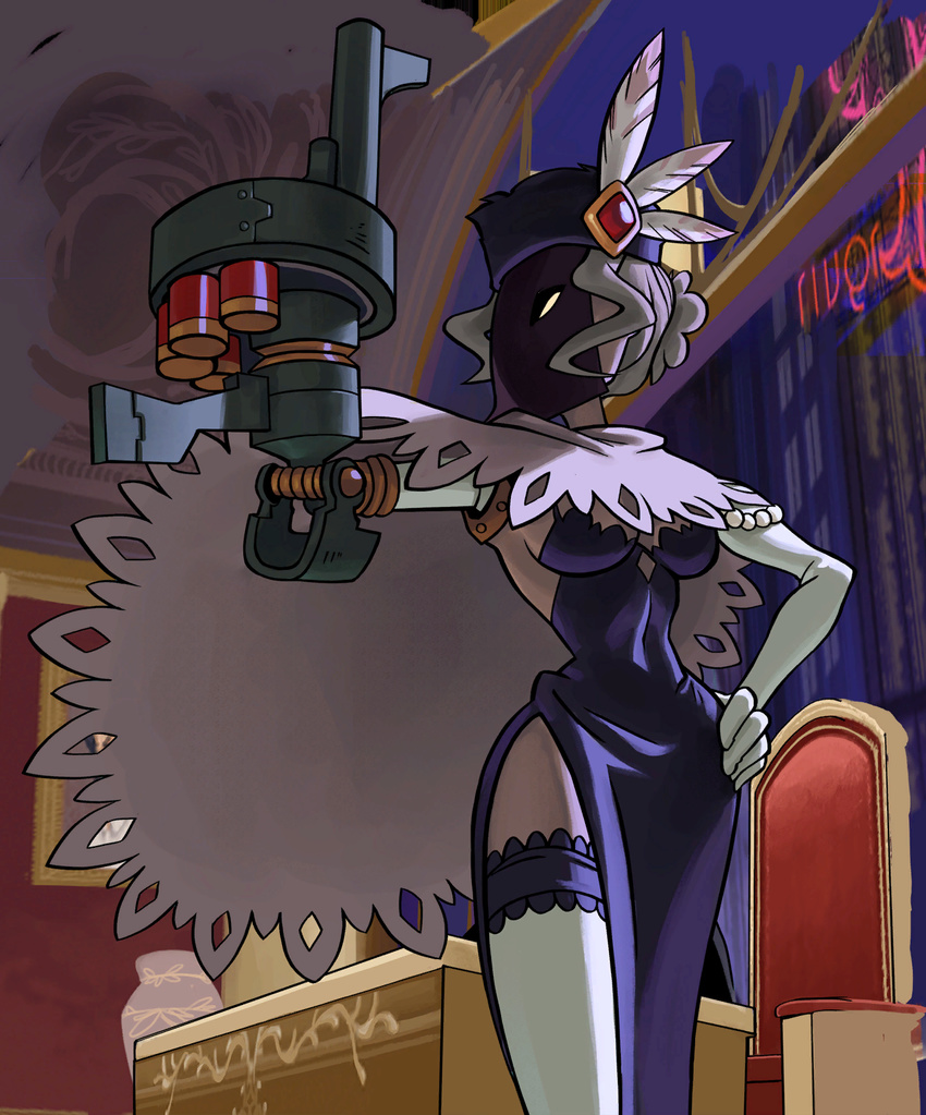 alex_ahad black_dahlia breasts cape doily dress elbow_gloves gloves grenade_launcher hand_on_hip hat hat_feather highres lab_zero_games large_breasts long_dress mechanical_arm official_art side_slit single_glove skullgirls slender_waist solo thighhighs veil weapon white_gloves white_legwear