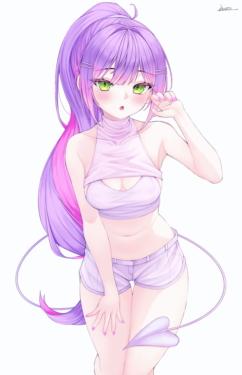 1girl :o absurdres bare_shoulders breasts cleavage cleavage_cutout clothing_cutout colored_inner_hair covered_collarbone crop_top green_eyes hand_up highres hololive leaning_forward long_hair looking_at_viewer midriff multicolored_hair navel open_mouth pink_hair pink_nails ponytail purple_hair purple_shirt purple_shorts shirt short_shorts shorts simple_background sleeveless sleeveless_shirt solo thigh_gap tokoyami_towa tsurime very_long_hair vini_(frisco) virtual_youtuber white_background