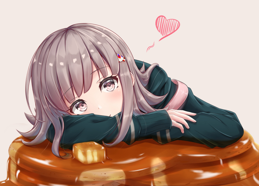 1girl backpack bag black_hoodie butter closed_mouth commentary_request danganronpa eyebrows_visible_through_hair flipped_hair food grey_hair hair_ornament hairclip head_on_arm heart highres hood hoodie long_sleeves looking_at_viewer nanami_chiaki open_eyes pancake pink_eyes red_heart short_hair simple_background smile solo striped super_danganronpa_2 syrup white_background y3010607