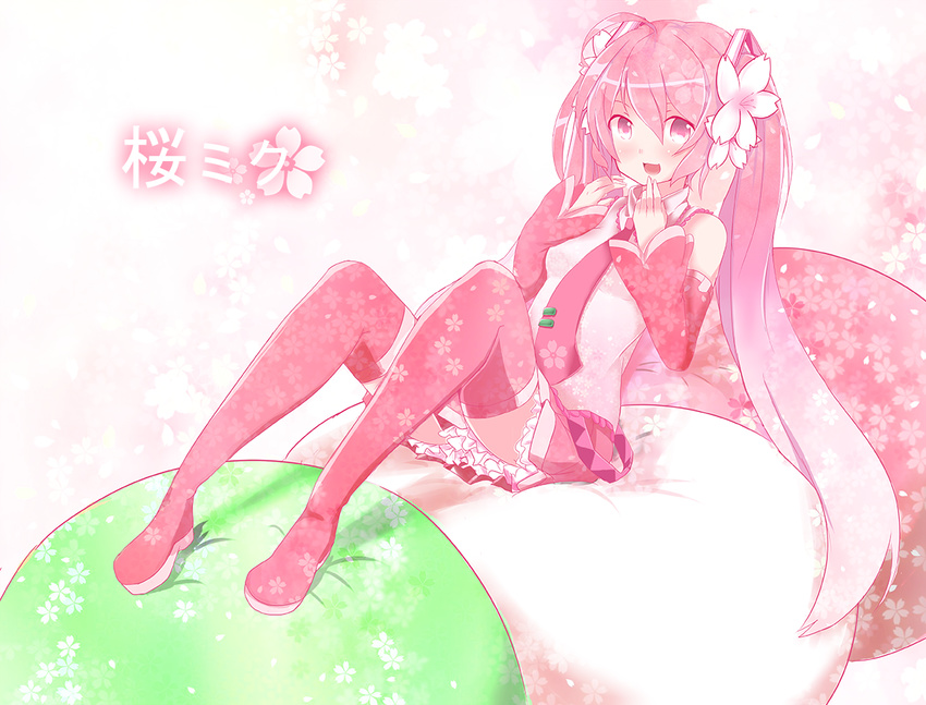 boots character_name detached_sleeves hatsune_miku long_hair necktie open_mouth pink_eyes pink_footwear pink_hair rua_(abcd29211) sakura_miku sitting skirt solo thigh_boots thighhighs twintails very_long_hair vocaloid