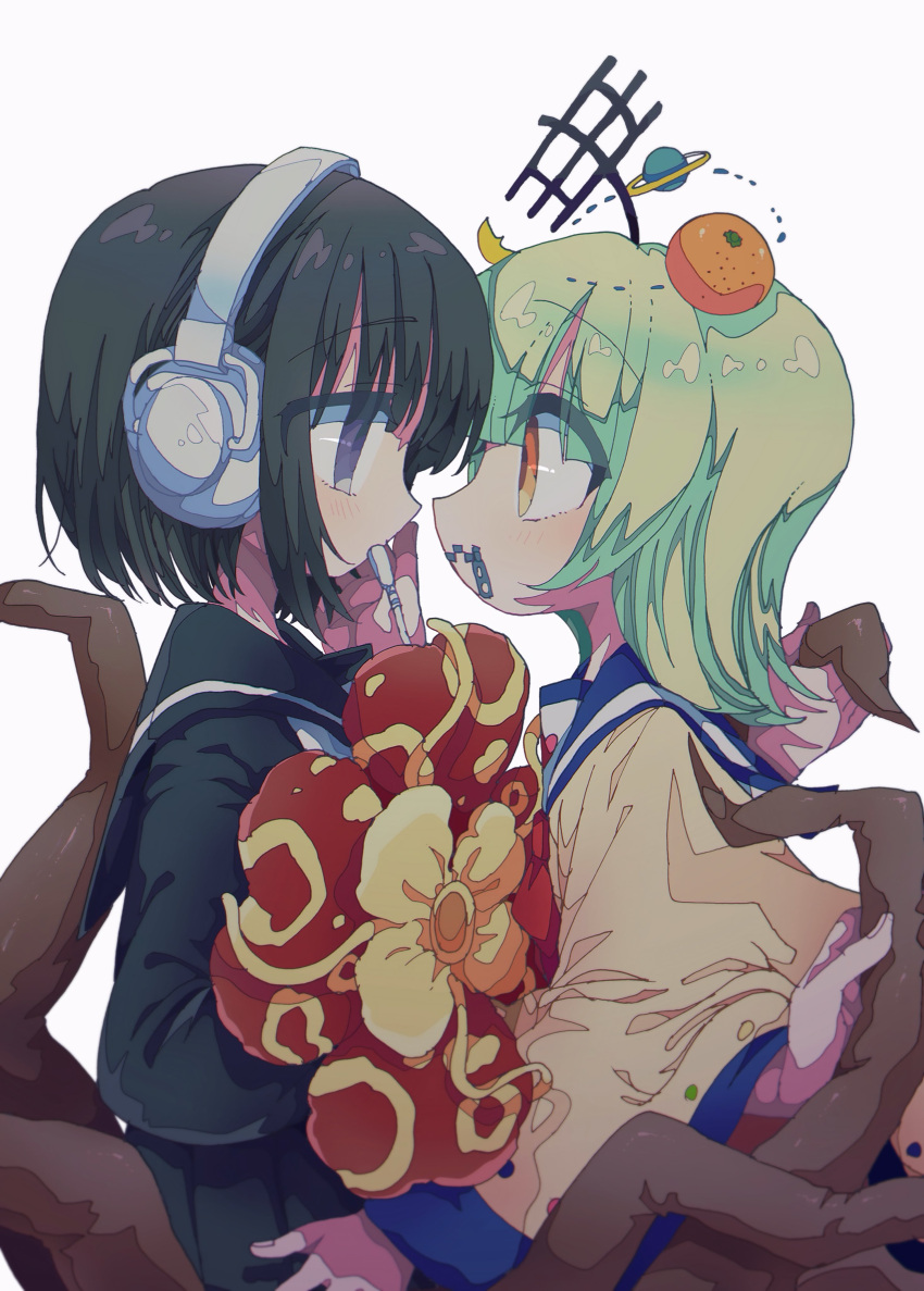 2girls absurdres black_hair black_sailor_collar black_serafuku blue_sailor_collar blunt_bangs blush bob_cut brown_poncho closed_mouth commentary_request extra_arms eye_contact face-to-face flipped_hair floating_headgear flower food fruit green_hair hand_on_another's_face hand_on_another's_hip hand_up headgear headphones highres holding looking_at_another mandarin_orange medium_hair mekziro monster_girl mouth_hold multiple_girls nene_nene nizimine_kakoi orange_eyes orbital_path planet plant_girl purple_eyes radio_antenna red_flower roots sailor_collar school_uniform serafuku short_hair utau zipper zipper_pull_tab