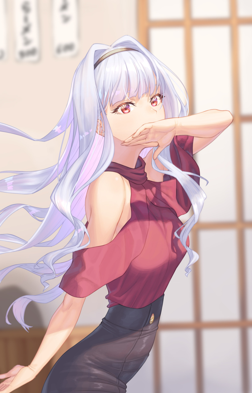 1girl absurdres bare_shoulders black_hairband black_skirt breasts covering_own_mouth grey_hair hairband high-waist_skirt highres idolmaster indoors long_hair looking_at_viewer medium_breasts narrow_waist off-shoulder_shirt off_shoulder pencil_skirt red_eyes red_shirt shijou_takane shirt skimun skirt sliding_doors solo taut_clothes taut_shirt very_long_hair