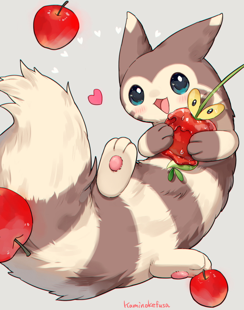 :d apple aqua_eyes artist_name blush brown_fur food fruit furret grey_background heart highres kaminokefusa no_humans pawpads pokemon pokemon_(creature) pokemon_gsc smile striped_fur