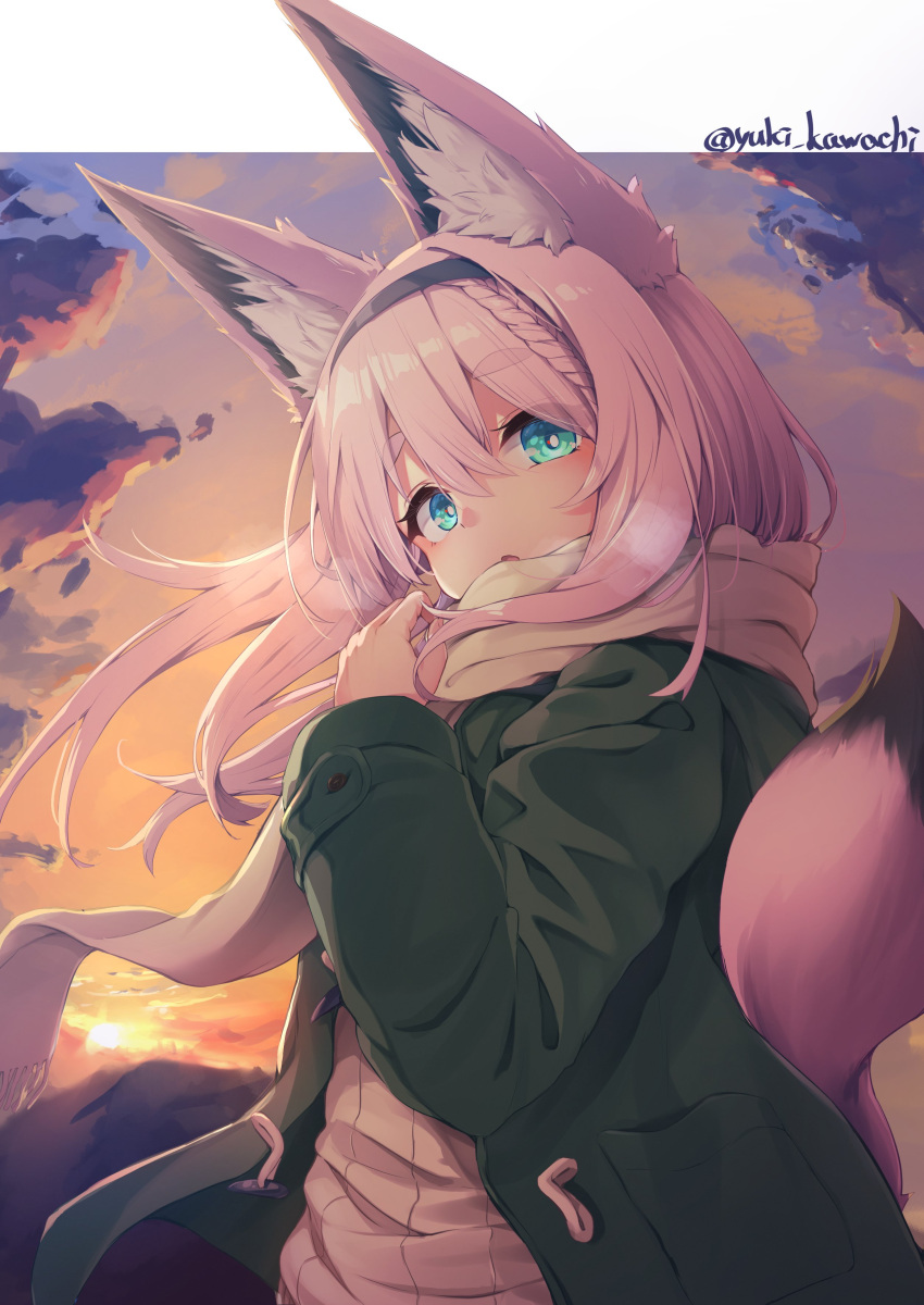 1girl absurdres animal_ears black_hairband blue_eyes blush braid breath cloud commentary_request floating_hair fox_ears fox_girl fox_tail fringe_trim green_jacket grey_scarf hair_between_eyes hairband hand_up highres jacket long_hair long_sleeves looking_at_viewer open_clothes open_jacket original parted_lips pink_hair ribbed_sweater scarf short_sleeves sky solo sunset sweater tail thick_eyebrows twitter_username very_long_hair white_sweater yuki_kawachi