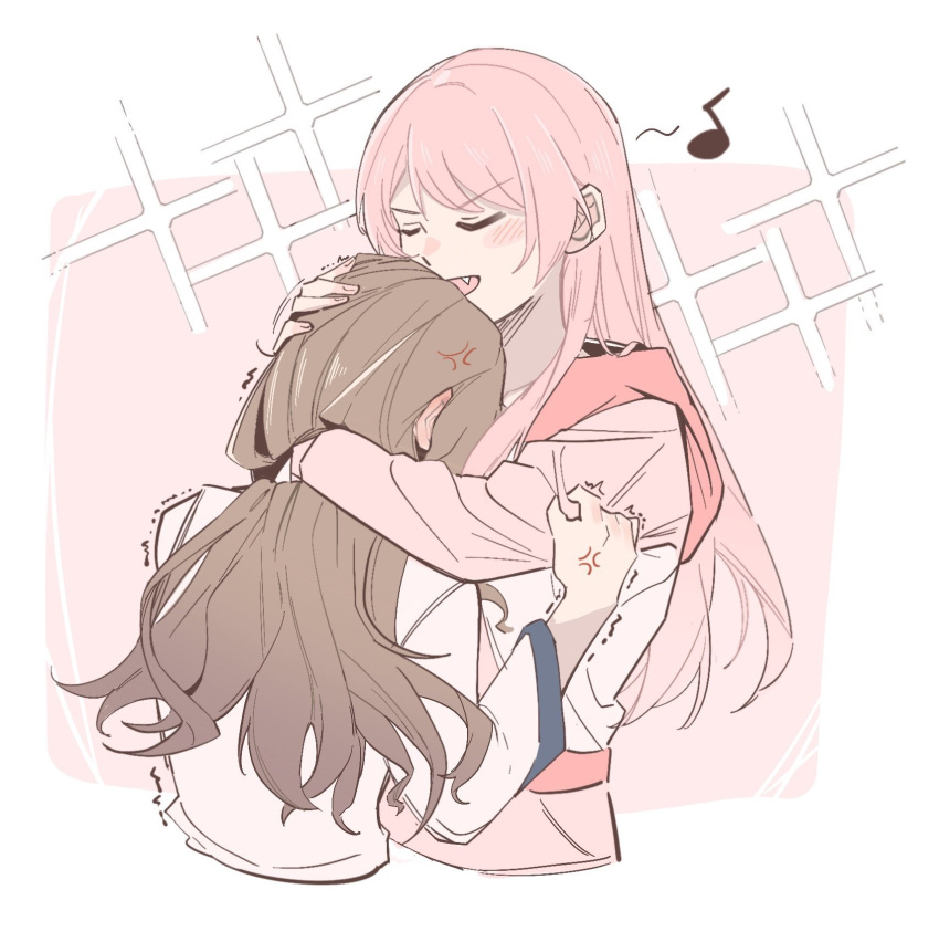 2girls anger_vein angry arm_around_neck arm_on_another's_head bang_dream! bang_dream!_it's_mygo!!!!! blush border brown_hair chihaya_anon closed_eyes commentary cropped_torso height_difference highres hood hood_down hoodie hug long_sleeves multiple_girls musical_note nagasaki_soyo open_mouth outside_border pink_hair pink_hoodie shirt sidelocks sparkle spoken_musical_note tin_g upper_body white_border white_shirt yuri
