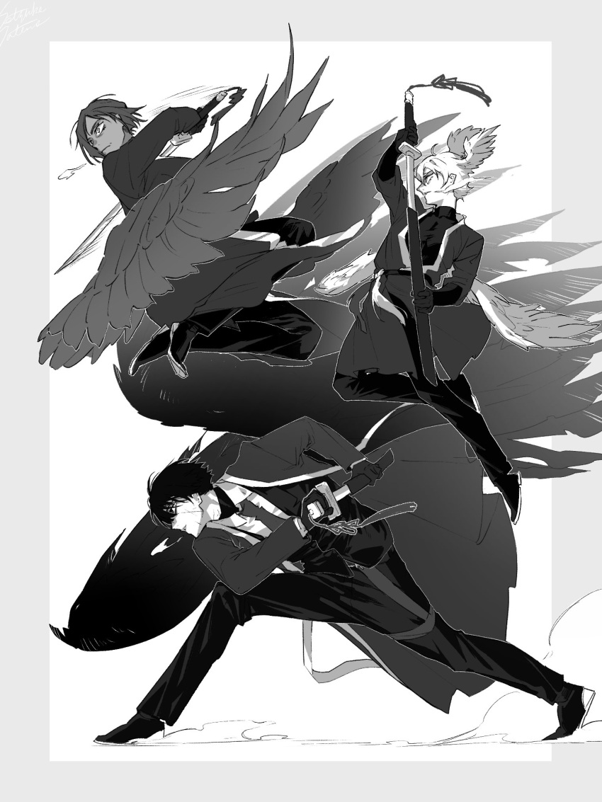 1girl 2boys bird_wings breathing fighting_stance greyscale head_wings highres japanese_clothes katana kimono limbus_company low_wings monochrome multiple_boys open_clothes open_kimono outis_(project_moon) project_moon sheath short_hair sinclair_(project_moon) stm_o000 sword unsheathing weapon wings yi_sang_(project_moon)