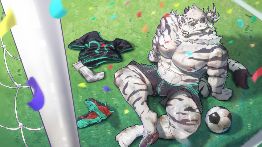 1boy abs absurdres animal_ears ball bara bulge chinese_commentary cleats commentary_request confetti dirty dirty_clothes dirty_feet dislyte furry furry_male highres indian_style jin_qiu_(ru_shou)_(dislyte) leng_xiaoyu looking_at_viewer male_focus muscular muscular_male nipples on_ground pawpads pectorals ponytail scar scar_across_eye shoes single_sock single_sock_removed sitting soccer_ball soccer_field soccer_uniform socks sportswear sweat tail tiger_boy tiger_ears tiger_stripes tiger_tail topless_male unworn_shirt unworn_shoes very_sweaty yellow_eyes