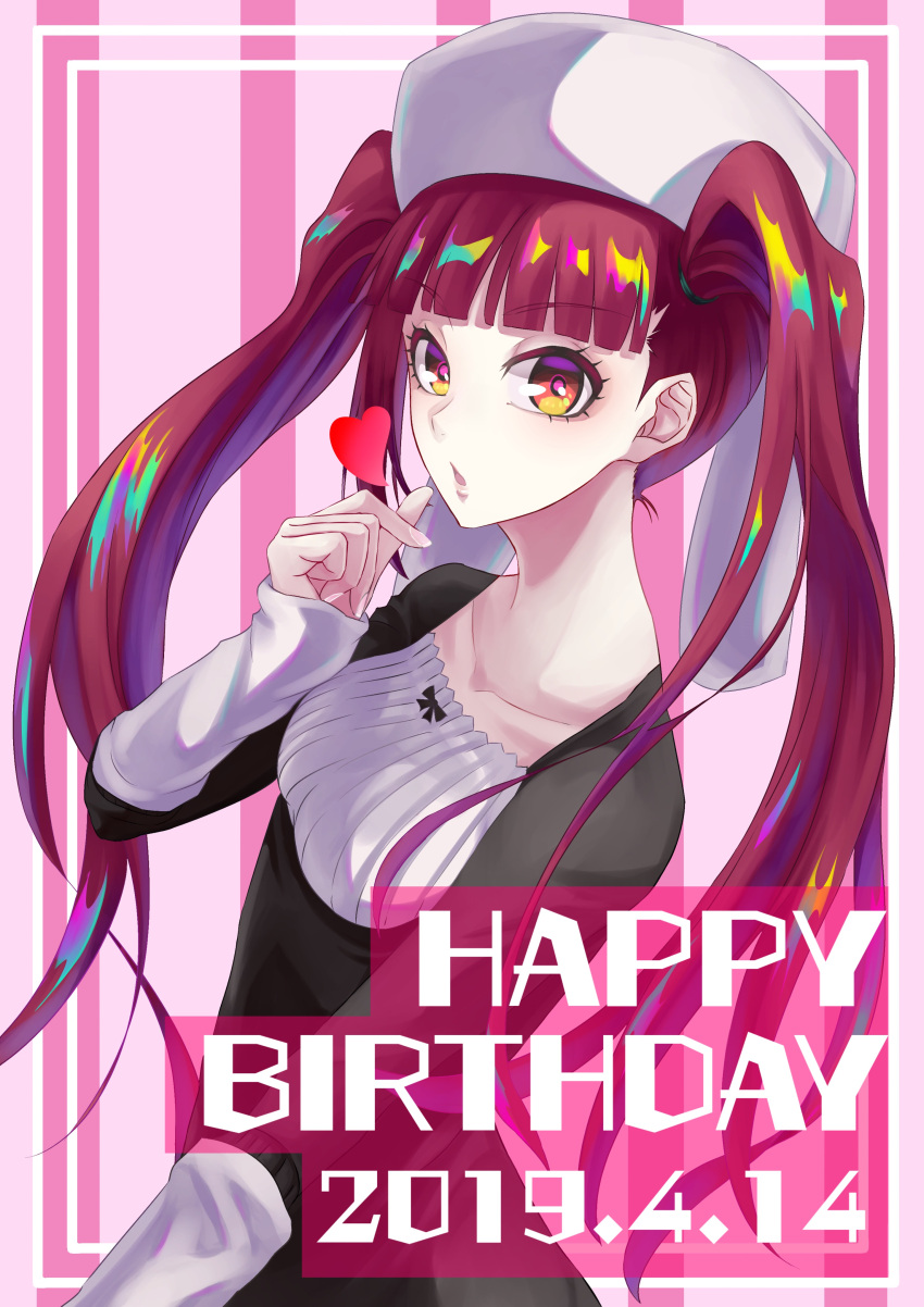 1girl 2019 absurdres black_dress bleach blunt_bangs breasts collarbone commentary_request dated dokugamine_riruka dress eyelashes finger_heart hand_up happy_birthday heart highres long_hair looking_at_viewer nail_polish nose orange_eyes parted_lips pink_nails red_hair sleeves_past_wrists small_breasts solo sumire_1046 twintails upper_body very_long_hair white_headwear