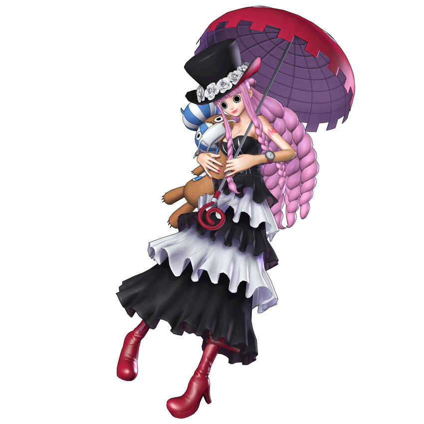 1girl 3d absurdres bare_shoulders bat_(symbol) boots dress female flying full_body hat highres kumacy lipstick long_hair makeup official_art one_piece one_piece:_pirate_warriors parasol perona pink_hair red_lipstick red_shoes sabaody_archipelago shoes simple_background solo stuffed_animal stuffed_toy tattoo top_hat umbrella very_long_hair watch white_background wristwatch