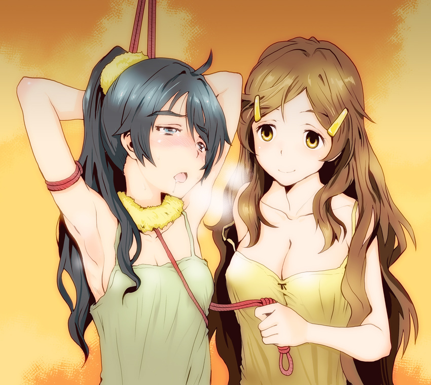 armpits arms_up bad_id bad_pixiv_id bdsm black_hair blue_eyes blush bondage bound breasts brown_hair cleavage highres leash long_hair medium_breasts multiple_girls saegusa_wakaba saliva shinomiya_himawari small_breasts smile tamaoki_benkyou vividred_operation yellow_eyes yuri