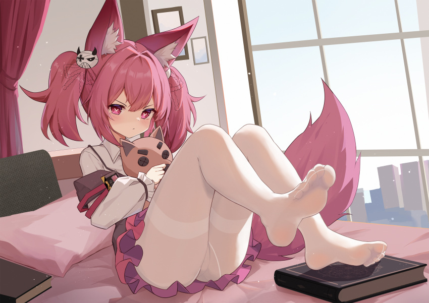 1girl absurdres animal_ear_fluff animal_ears arknights bed black_skirt book closed_mouth collared_shirt commentary_request day fox_ears frilled_skirt frills hair_between_eyes heart heart-shaped_pupils highres indoors looking_at_viewer no_shoes on_bed pantyhose pillow pink_hair red_eyes shamare_(arknights) shirt skirt soles solo stuffed_animal stuffed_dog stuffed_toy symbol-shaped_pupils synring97 thighband_pantyhose twintails v-shaped_eyebrows white_pantyhose white_shirt window