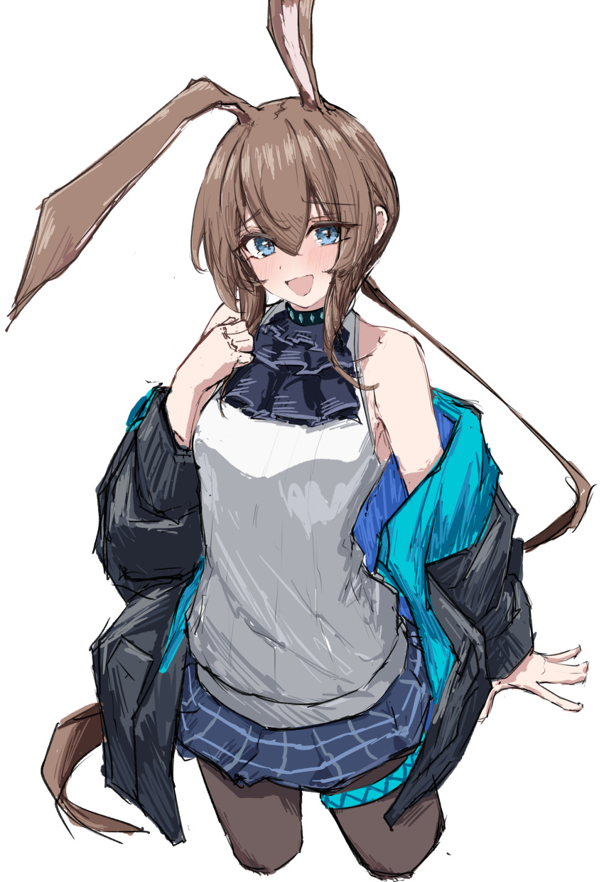 1girl :d \||/ absurdres amiya_(arknights) animal_ears arknights armpit_crease ascot bare_shoulders black_jacket blue_ascot blue_collar blue_eyes blue_skirt breasts brown_hair brown_pantyhose clenched_hand clothes_down collar collarbone commentary cowboy_shot cropped_legs floating_hair furrowed_brow hair_between_eyes hand_up happy highres infection_monitor_(arknights) jacket legs_apart light_blush long_hair long_sleeves looking_at_viewer medium_breasts miniskirt open_clothes open_jacket open_mouth pantyhose plaid plaid_skirt pocket ponytail rabbit_ears rabbit_girl ribbed_sweater shadow sidelocks simple_background skirt sleeveless sleeveless_sweater smile solo standing sweater thighlet tobildesu two-sided_fabric two-sided_jacket very_long_hair white_background white_sweater wide_sleeves