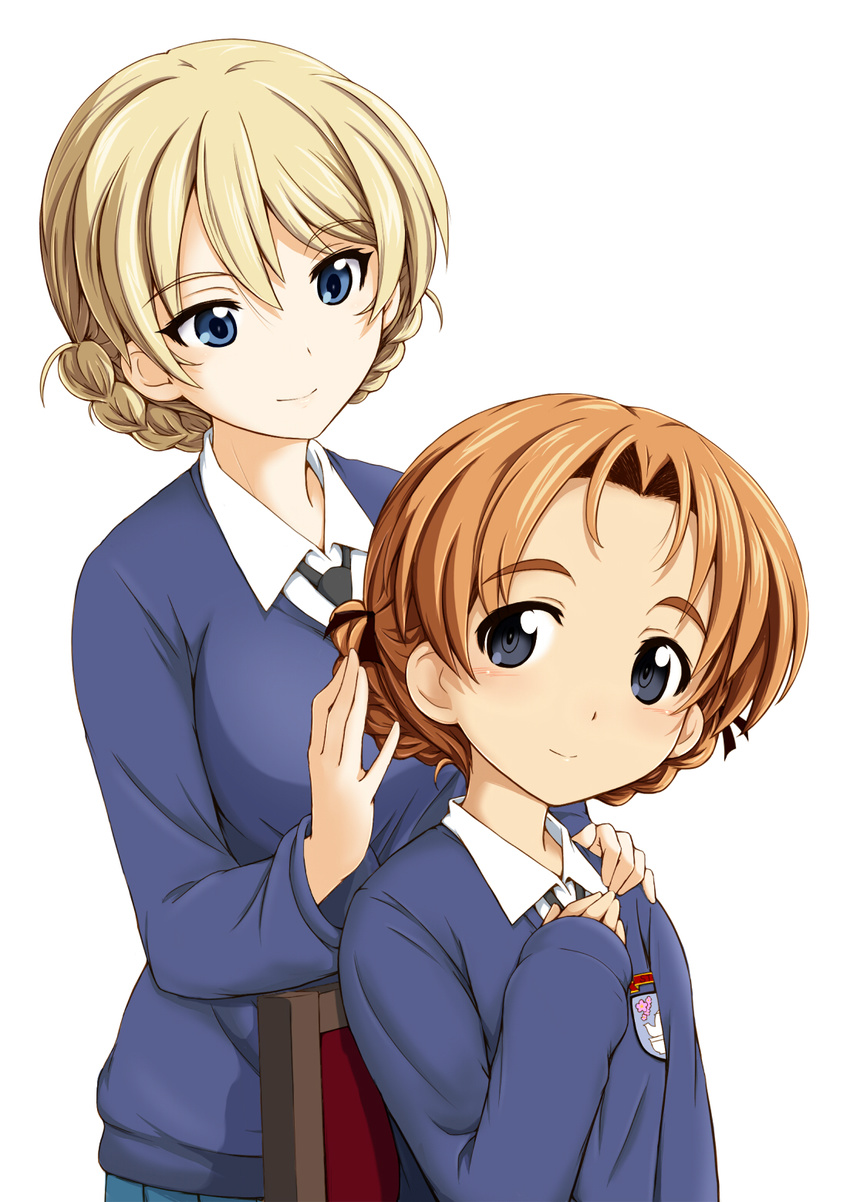 black_neckwear blonde_hair blue_eyes blue_sweater blush braid chair darjeeling dress_shirt girls_und_panzer hair_ribbon hand_in_hair hand_on_own_chest hand_on_shoulder highres insignia multiple_girls necktie orange_hair orange_pekoe pleated_skirt ribbon sasaki_akira_(ugc) school_uniform shirt short_hair sitting skirt smile st._gloriana's_school_uniform standing sweater uniform v-neck white_shirt