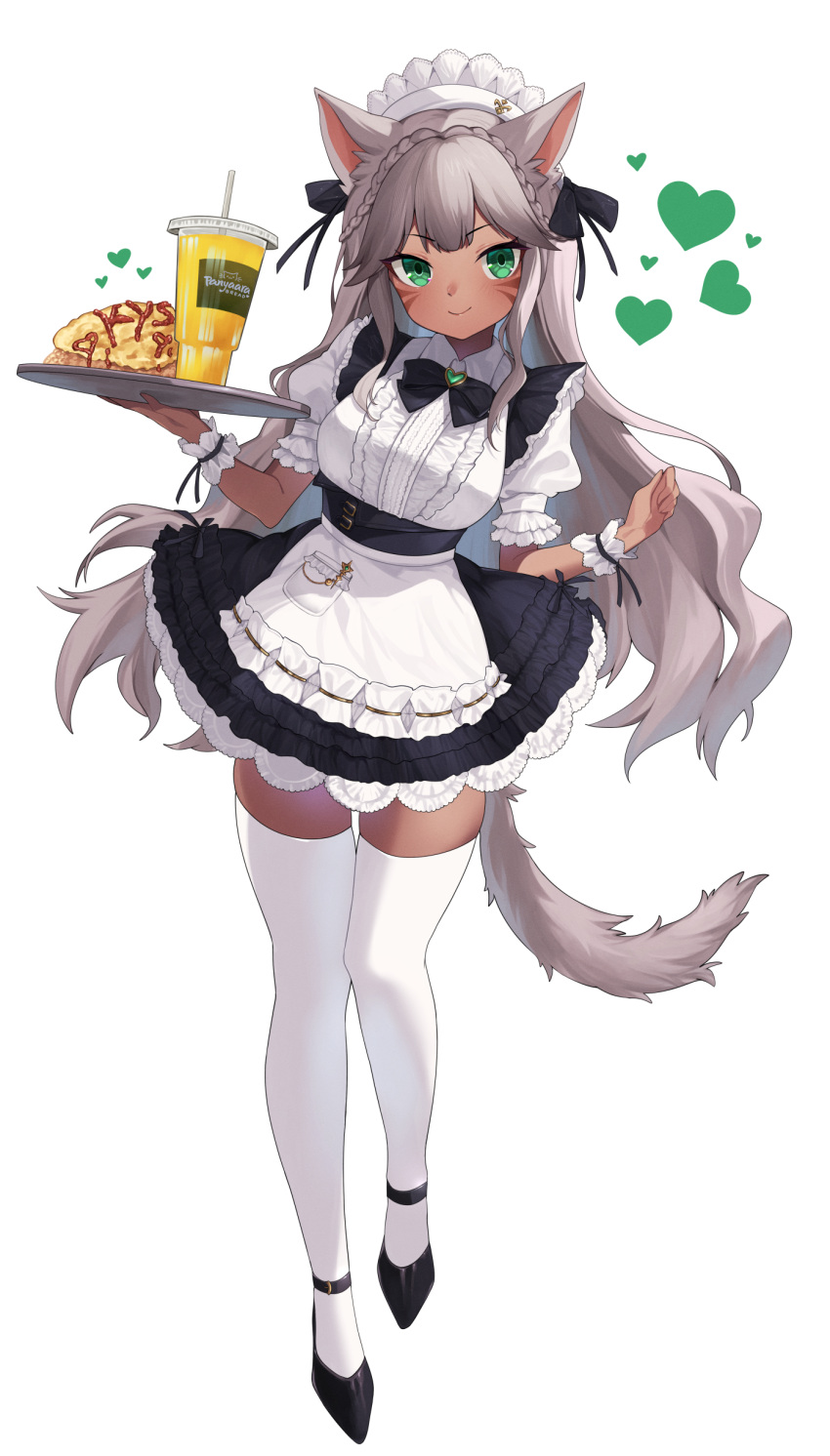 1girl absurdres animal_ears apron black_bow black_bowtie black_dress black_footwear black_ribbon bow bowtie braid breasts cat_ears cat_tail closed_mouth cup dark-skinned_female dark_skin disposable_cup dress drinking_straw final_fantasy final_fantasy_xiv food food_writing frilled_dress frills full_body green_eyes hair_ribbon head_tilt heart high_heels highres holding holding_tray jewelry ketchup large_breasts leaning_to_the_side lemonade light_blush light_brown_hair long_hair maid maid_apron melusmelon miqo'te omelet omurice ribbon scrunchie simple_background skindentation smile solo tail thighhighs tray very_long_hair warrior_of_light_(ff14) white_apron white_background white_thighhighs wrist_scrunchie