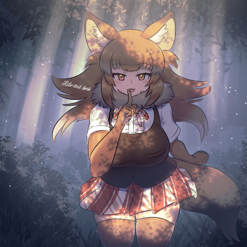 animal_ears blush breasts brown_eyes brown_hair dhole_(kemono_friends)_(old_design) dog_ears dog_tail elbow_gloves fang finger_to_mouth forest fur_collar gloves highres kemono_friends kemono_friends_3 large_breasts long_hair looking_at_viewer mo23 multicolored_hair nature open_mouth shirt short_sleeves skindentation skirt smile tail thighhighs vest white_hair yellow_eyes zettai_ryouiki