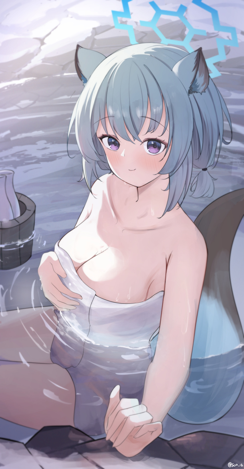 1girl absurdres animal_ears blue_archive blue_halo blush breasts cleavage closed_mouth collarbone green_hair halo highres large_breasts looking_at_viewer medium_hair naked_towel onsen partially_submerged purple_eyes scio_12 shigure_(blue_archive) shigure_(hot_spring)_(blue_archive) smile solo tail towel water weasel_ears weasel_tail white_towel