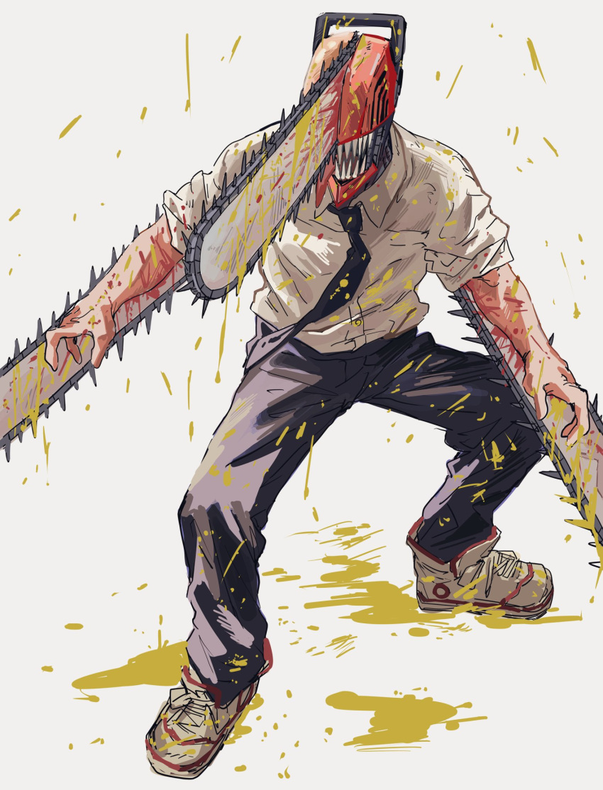 1boy black_necktie black_pants blood buttons chainsaw chainsaw_man collared_shirt denji_(chainsaw_man) highres male_focus necktie pants sharp_teeth shirt shoes simple_background sleeves_rolled_up sneakers solo sukesukeburger teeth white_background white_shirt yellow_blood