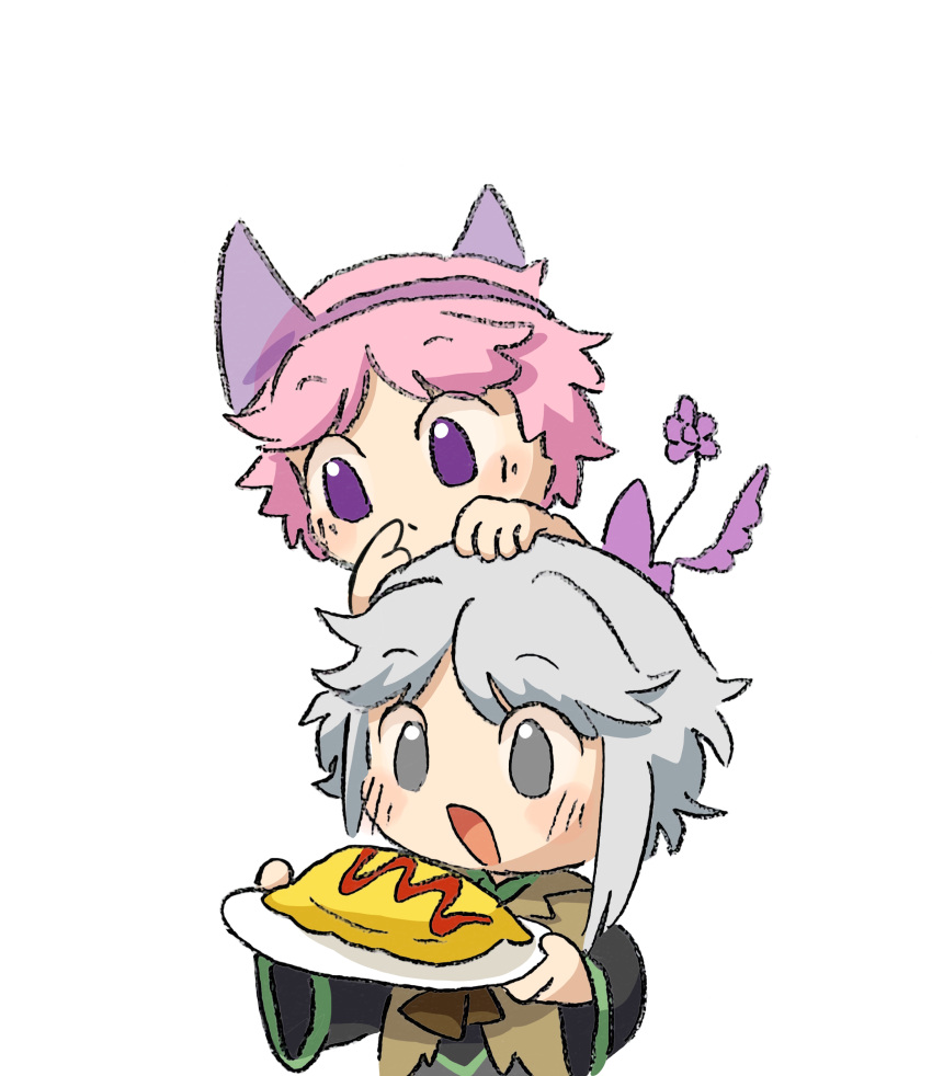 2others absurdres androgynous baila_kuangzi black_shirt brown_jacket chibi chinese_commentary closed_mouth commentary_request food green_trim grey_eyes grey_hair highres holding holding_plate houlen_yabusame jacket len'en medium_hair multiple_others no_nose omelet omurice open_mouth other_focus pink_hair plate purple_eyes shion_(len'en) shirt short_hair simple_background smile triangular_headpiece white_background wide_sleeves