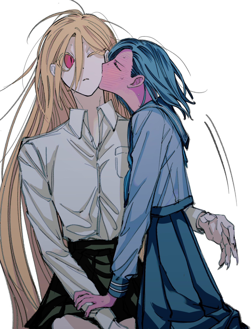 2girls black_skirt blonde_hair blush closed_eyes closed_mouth collared_shirt colored_skin commentary_request ear_blush embarrassed expressionless eyes_visible_through_hair fingernails full-face_blush green_hair green_skirt grey_shirt hair_between_eyes hand_on_another's_arm highres kiss kissing_cheek long_bangs long_fingernails long_hair long_sleeves looking_at_another medium_hair messy_hair motion_lines multiple_girls naotin3333 nervous_sweating one_eye_closed open_collar original pink_eyes pink_skin pleated_skirt profile sharp_fingernails shirt simple_background skirt sweat very_long_hair white_background white_shirt yuri