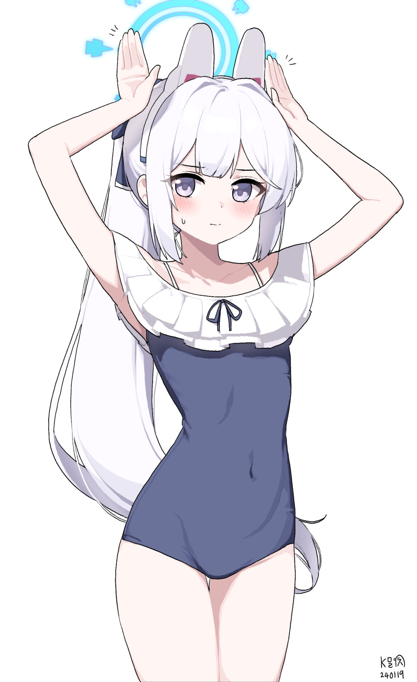 1girl absurdres animal_ears artist_name bare_arms bare_legs bare_shoulders black_one-piece_swimsuit blue_archive blue_halo blush closed_mouth cowboy_shot dated fake_animal_ears frilled_one-piece_swimsuit frills grey_hair halo highres long_hair looking_at_viewer miyako_(blue_archive) miyako_(swimsuit)_(blue_archive) myeolchi off-shoulder_one-piece_swimsuit off_shoulder official_alternate_costume one-piece_swimsuit ponytail purple_eyes rabbit_ears rabbit_pose signature simple_background solo swimsuit white_background