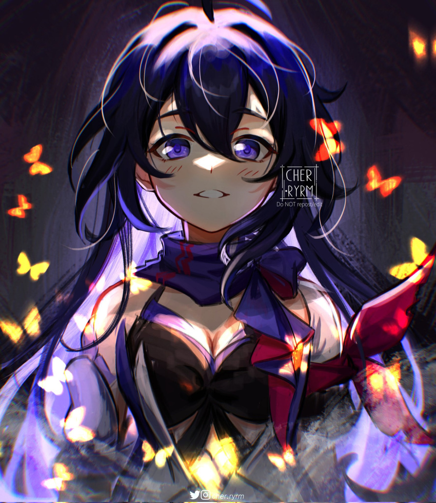 1girl artist_logo black_bra blurry blush bra breasts bug butterfly chromatic_aberration cleavage close-up corrupted_twitter_file dark_background fantasy glowing_butterfly grin hair_between_eyes hair_intakes highres honkai:_star_rail honkai_(series) instagram_logo long_hair looking_at_viewer magic making-of_available medium_breasts messy_hair purple_eyes purple_hair purple_scarf ryrmcher scarf seele_(honkai:_star_rail) smile solo split_mouth twitter_logo underwear unfinished upper_body video_thumbnail watermark