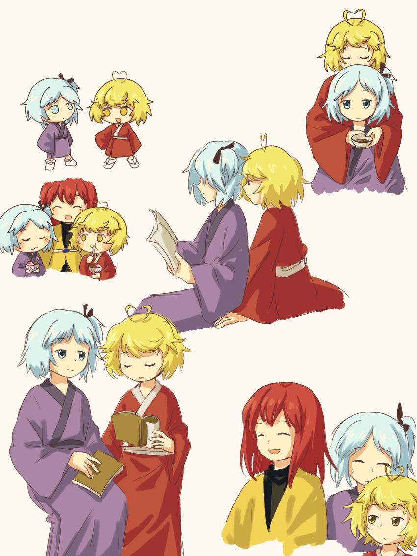 3others absurdres aged_down androgynous antenna_hair baila_kuangzi blonde_hair blue_eyes blue_hair chibi chinese_commentary closed_eyes closed_mouth commentary_request fujiwara_no_iyozane highres hug hug_from_behind japanese_clothes kimono len'en long_sleeves medium_hair multiple_others multiple_views no_nose ooama_no_ake_no_mitori ooya_kunimitsu open_mouth other_focus purple_kimono red_hair red_kimono short_hair side_ponytail sitting smile step-siblings sweat wide_sleeves yellow_eyes