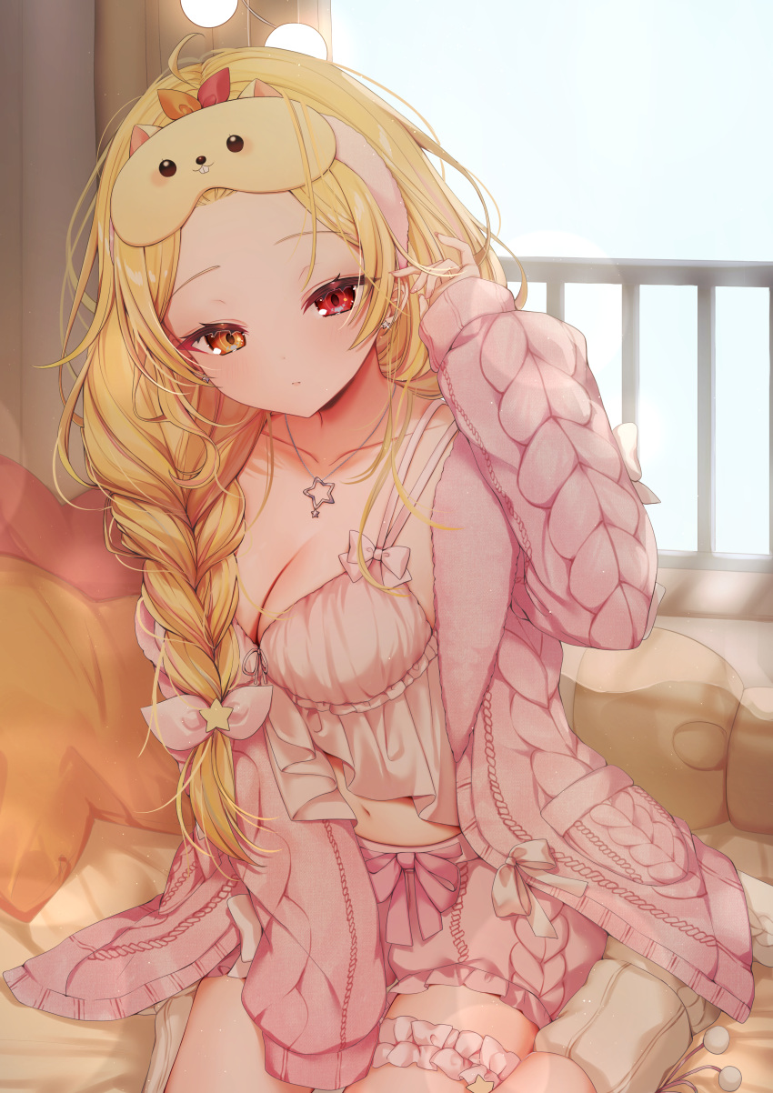 1girl absurdres bangs_pinned_back bed_sheet blonde_hair blush braid breasts camisole cleavage closed_mouth collarbone commentary_request day forehead frilled_camisole frilled_shorts frills heterochromia highres hoshikawa_sara hoshikawa_sara_(7th_costume) indoors ineka_ka jacket jewelry long_hair looking_at_viewer medium_breasts midriff navel necklace nijisanji official_alternate_costume official_alternate_hairstyle on_bed open_clothes open_jacket pillow pink_camisole pink_jacket pink_shorts red_eyes shorts single_braid sitting sleep_mask sleepwear sleeves_past_fingers sleeves_past_wrists solo star_(symbol) star_necklace virtual_youtuber waking_up wariza yellow_eyes