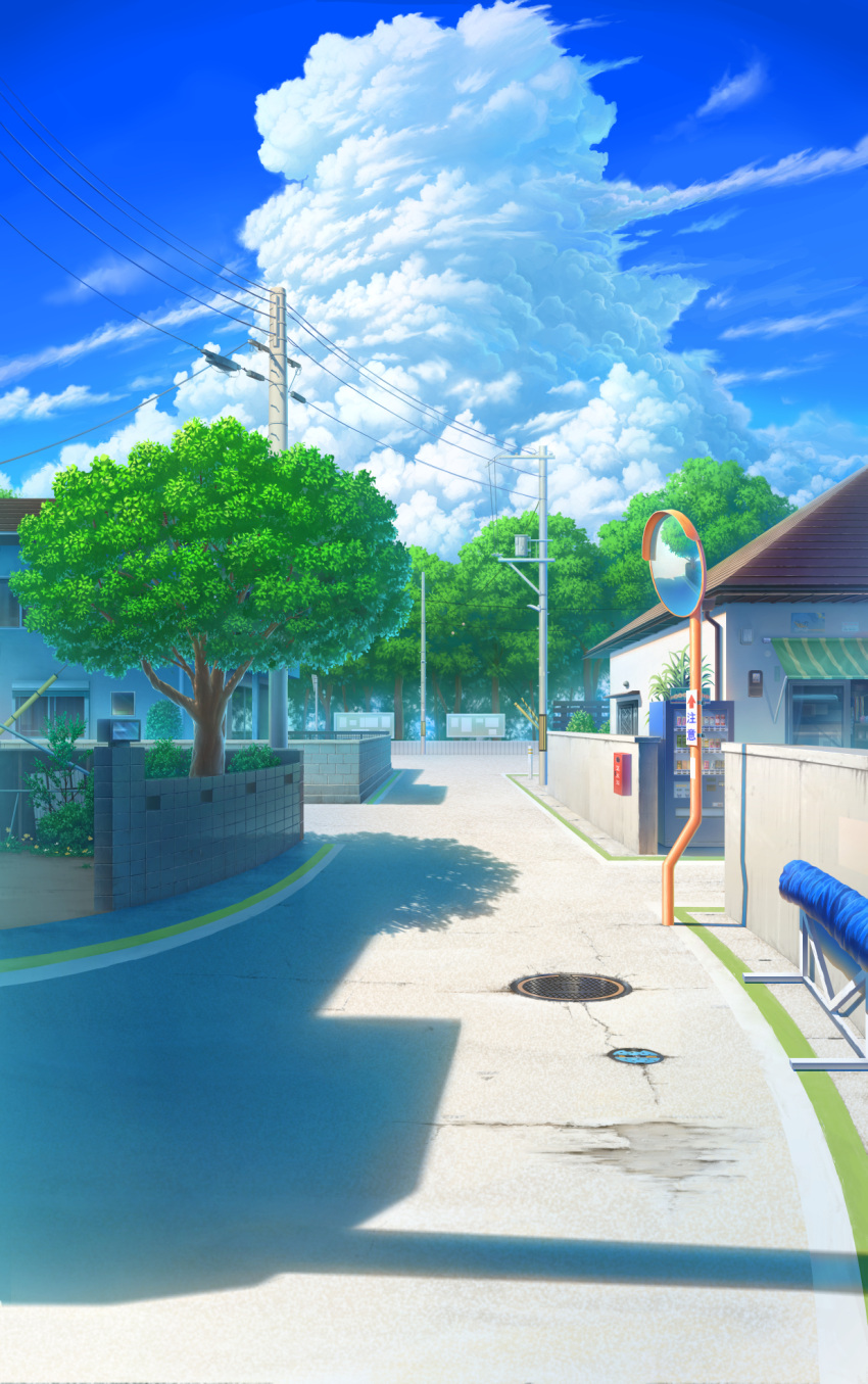 blue_sky building cloud commentary_request cumulonimbus_cloud day highres manhole_cover mirror no_humans original outdoors power_lines road scenery shadow sky street summer tamikko traffic_mirror utility_pole vanishing_point