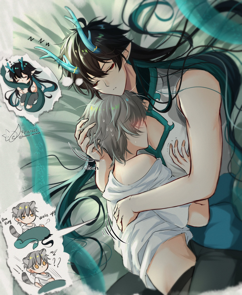 2boys absurdres aqua_horns aqua_tail bare_arms bare_shoulders bed_sheet blush caelus_(honkai:_star_rail) closed_eyes collared_shirt cowboy_shot dan_heng_(honkai:_star_rail) dan_heng_(imbibitor_lunae)_(honkai:_star_rail) english_text eyeliner fennec_artsss from_side hand_in_another's_hair hand_on_another's_back hand_on_another's_chest hand_on_another's_head hashtag_only_commentary highres honkai:_star_rail honkai_(series) horn_ornament horns hug hugging_own_tail hugging_tail long_hair lying makeup male_focus midriff multicolored_hair multiple_boys multiple_views no_detached_sleeves no_jacket no_mouth off_shoulder on_side parted_lips pointy_ears raccoon_boy red_eyeliner shirt short_hair sleeping spoken_character sweat tail trailblazer_(honkai:_star_rail) translucent_horns translucent_tail trembling two-tone_hair very_long_hair white_shirt yaoi zzz