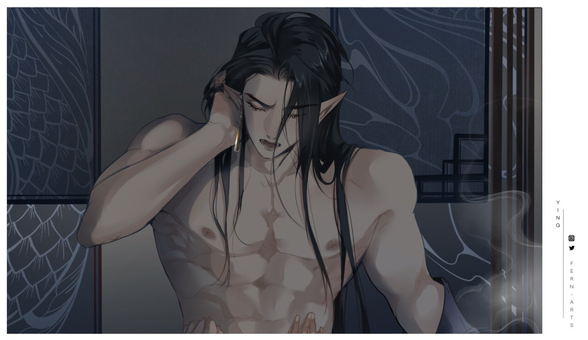 1boy artist_name black_hair border closed_eyes commentary dangle_earrings earrings fangs fern_arts hand_on_own_head hands_on_another's_stomach he_xuan highres implied_sex implied_yaoi indoors jewelry long_hair muscular muscular_male nipples nude open_mouth out_of_frame pectorals pointy_ears smoke symbol-only_commentary tianguan_cifu topless_male undressing wallpaper_(object) white_border