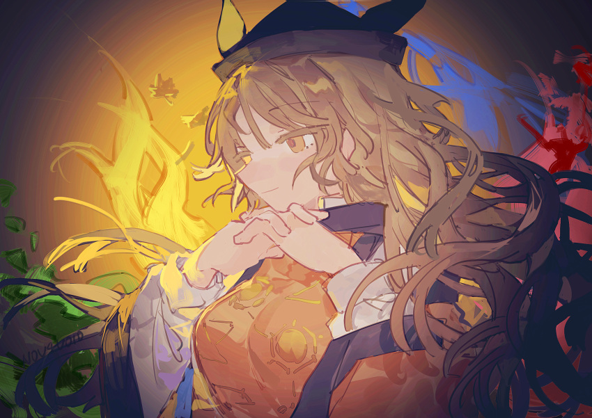 1girl aura black_headwear blonde_hair breasts closed_mouth constellation_print from_side highres kyuutame long_hair looking_ahead matara_okina medium_breasts orange_sleeves orange_tabard own_hands_together profile smile solo tabard touhou upper_body wavy_hair yellow_eyes