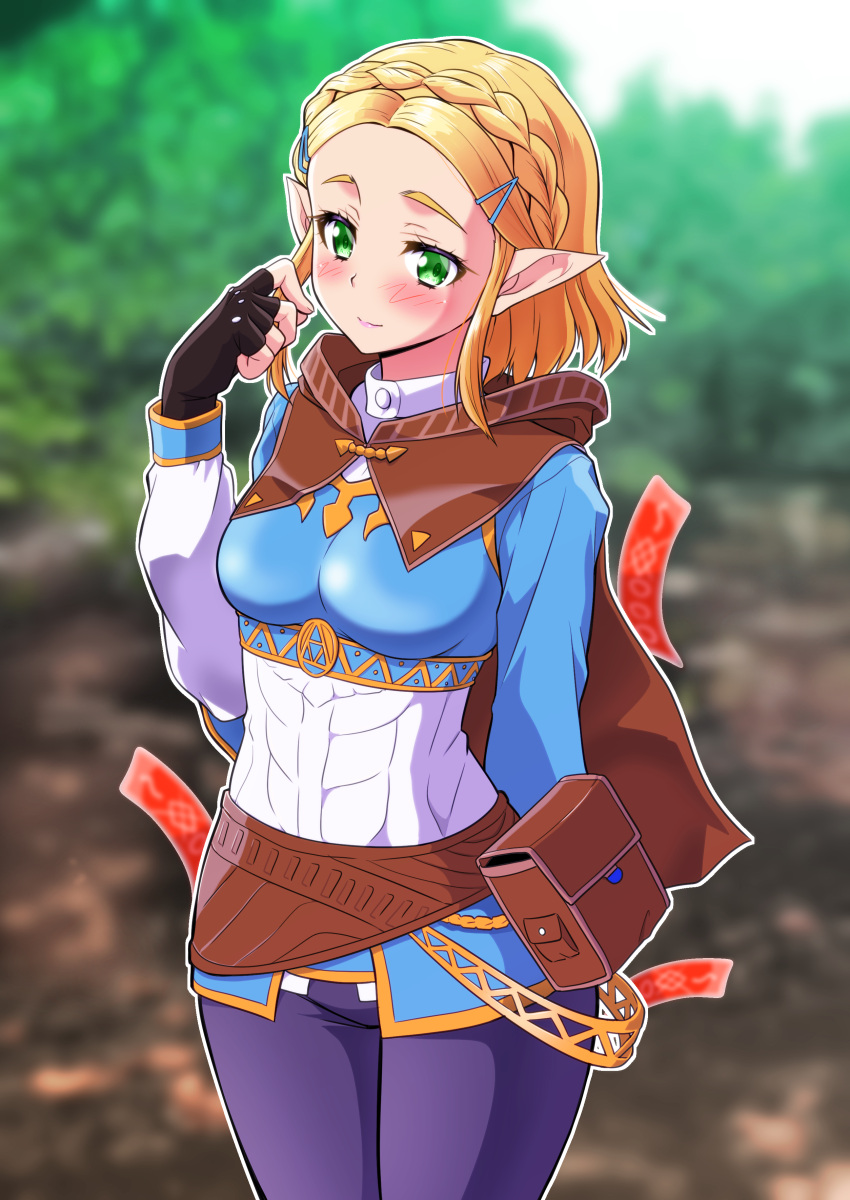 1girl absurdres belt belt_pouch black_gloves black_leggings blonde_hair blush braid brown_belt brown_cloak brown_hood cloak gloves green_eyes hair_tie highres kaneko_naoya leggings nature outdoors playing_with_own_hair pointy_ears pouch princess_zelda red_ribbon ribbon smile the_legend_of_zelda the_legend_of_zelda:_tears_of_the_kingdom yiga_clan