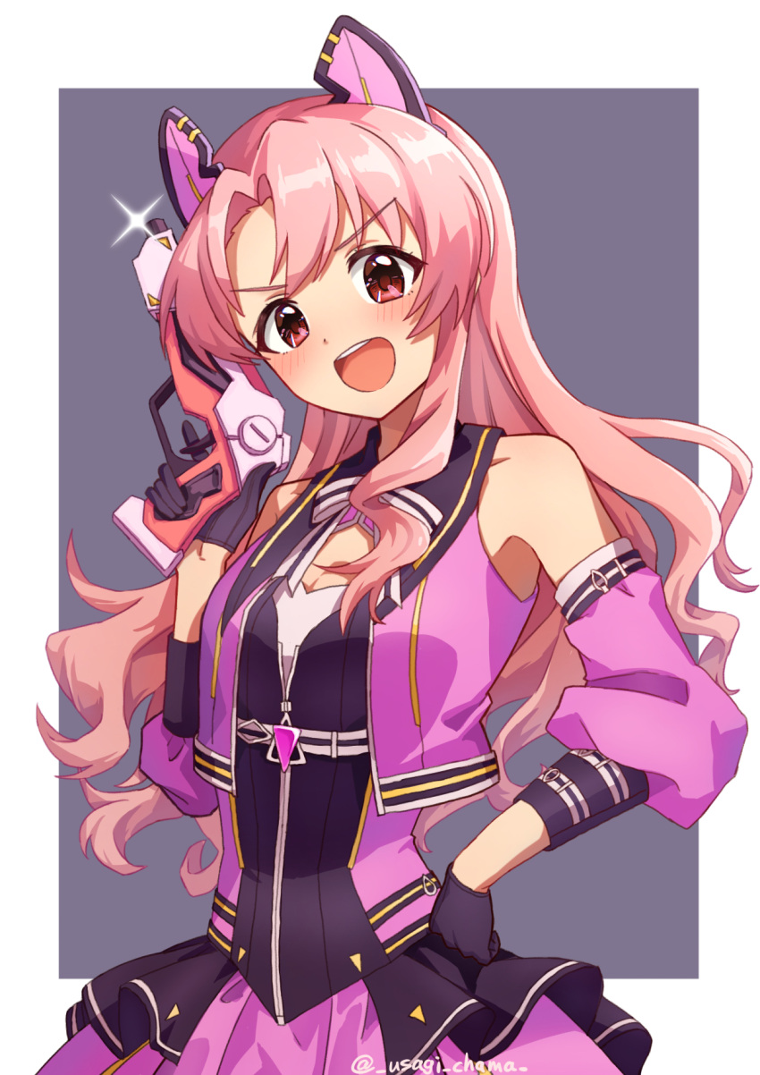 1girl animal_ears bare_shoulders black_gloves blush border breasts cleavage cropped_jacket detached_sleeves dot_nose fake_animal_ears glint gloves grey_background gun hand_on_own_hip hand_up highres holding holding_gun holding_weapon idolmaster idolmaster_million_live! idolmaster_million_live!_theater_days jacket long_hair looking_at_viewer medium_breasts neck_ribbon official_alternate_hair_color open_clothes open_jacket open_mouth outside_border pink_hair pink_jacket pink_sleeves red_eyes ribbon simple_background sleeveless sleeveless_jacket smile solo takayama_sayoko teeth twitter_username two-tone_dress upper_teeth_only usagichama v-shaped_eyebrows weapon white_border white_ribbon zipper zipper_pull_tab