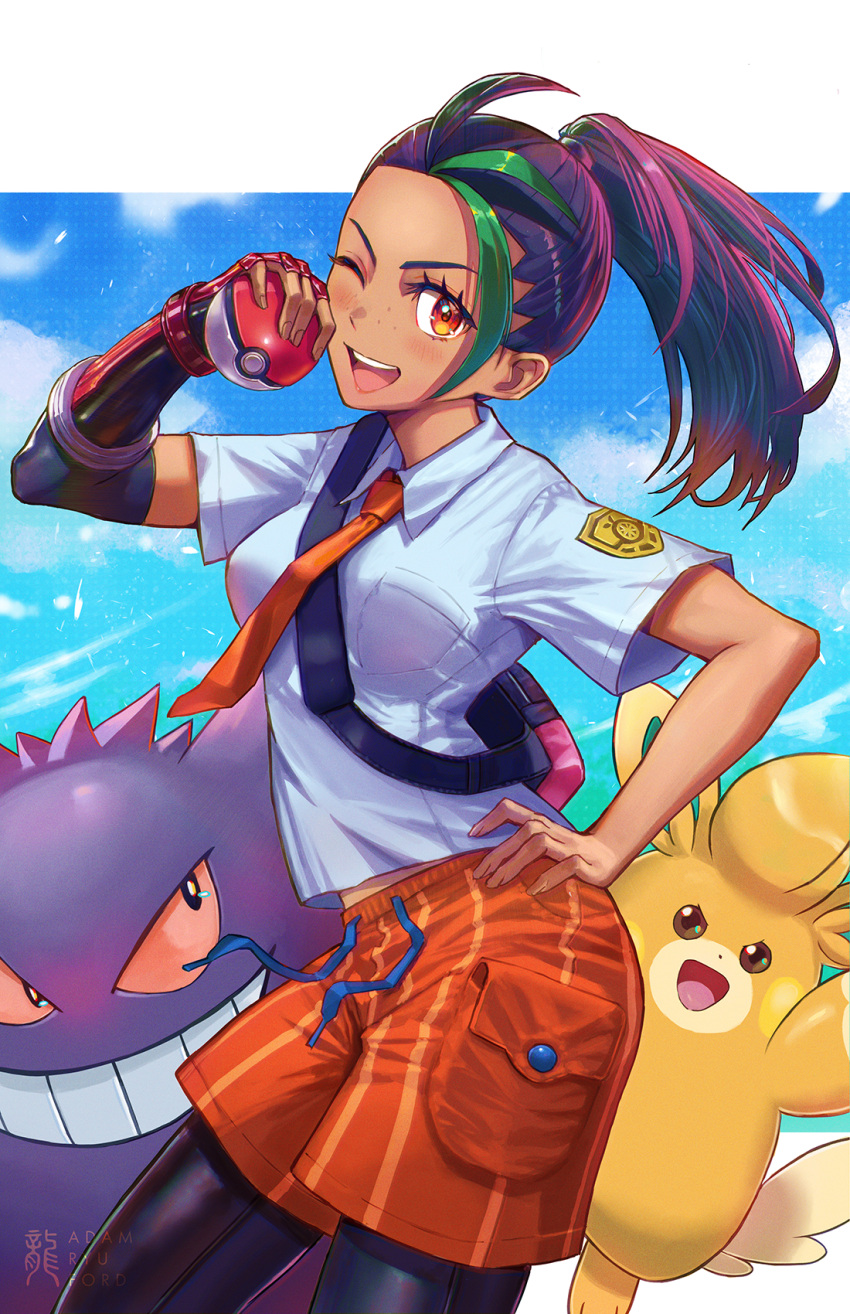 1girl ;d adam_ryu_ford black_hair black_pantyhose blush breasts collared_shirt commentary_request eyelashes freckles gengar green_hair hand_on_own_hip highres holding holding_poke_ball logo multicolored_hair necktie nemona_(pokemon) one_eye_closed open_mouth orange_necktie orange_shorts pantyhose pawmot poke_ball poke_ball_(basic) pokemon pokemon_(creature) pokemon_sv ponytail school_uniform shirt short_sleeves shorts smile teeth two-tone_hair upper_teeth_only