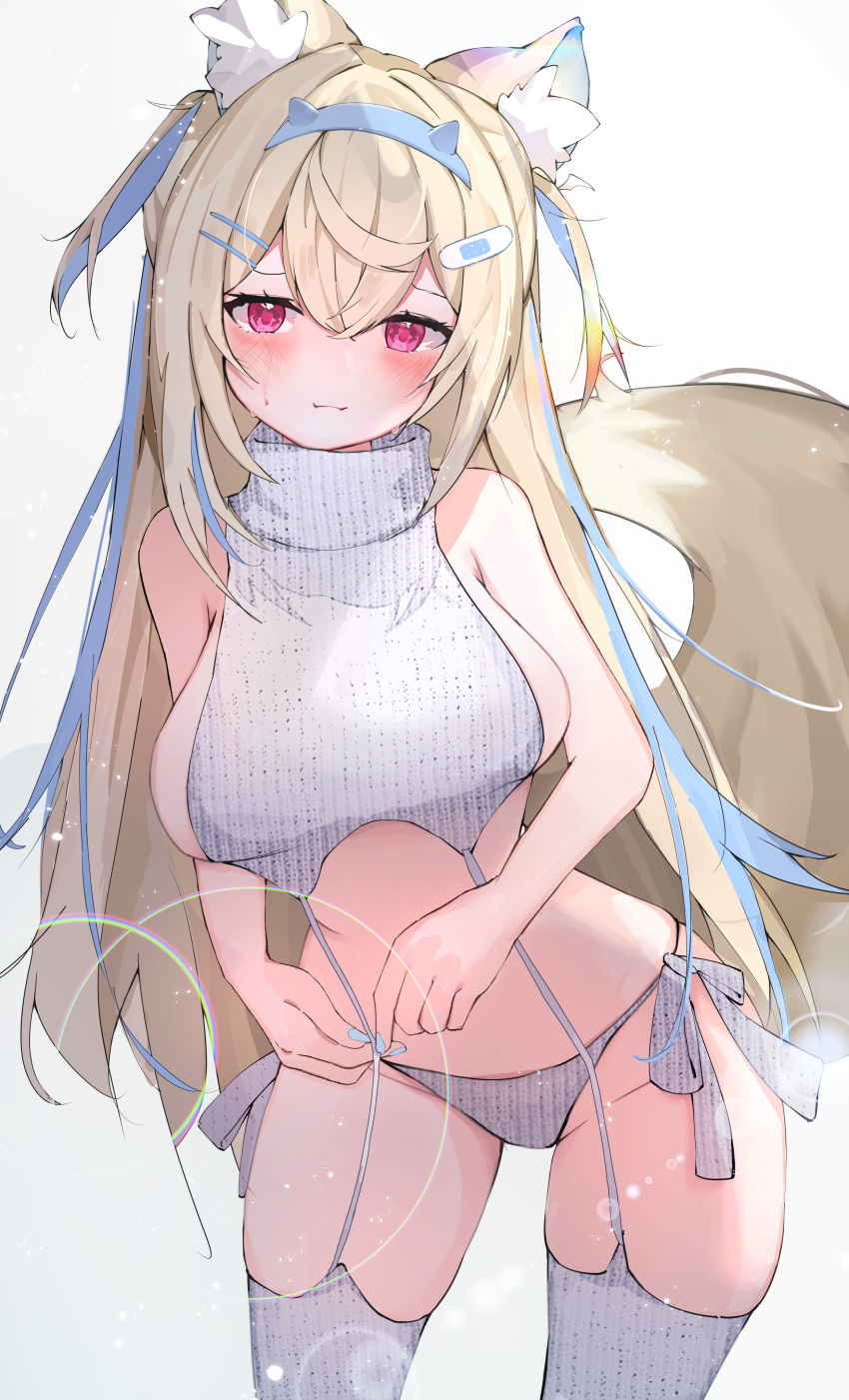 1girl absurdres animal_ear_fluff animal_ears bandaid bandaid_hair_ornament blonde_hair blue_hair blue_nails blush breasts dog_ears dog_girl dog_tail fuwawa_abyssgard garter_straps hair_ornament hairpin highres hololive hololive_english large_breasts long_hair looking_at_viewer meme_attire midorikawa_(tawf5452) multicolored_hair nail_polish panties pink_eyes side-tie_panties sidelocks smile solo streaked_hair sweater tail thighhighs turtleneck turtleneck_sweater two_side_up underwear virgin_destroyer_sweater virtual_youtuber white_garter_straps white_panties white_sweater white_thighhighs